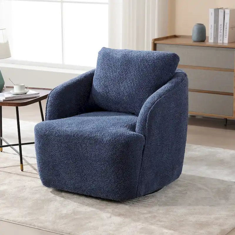 Boucle Fabric Upholstered Swivel Barrel Armchair With Pillow