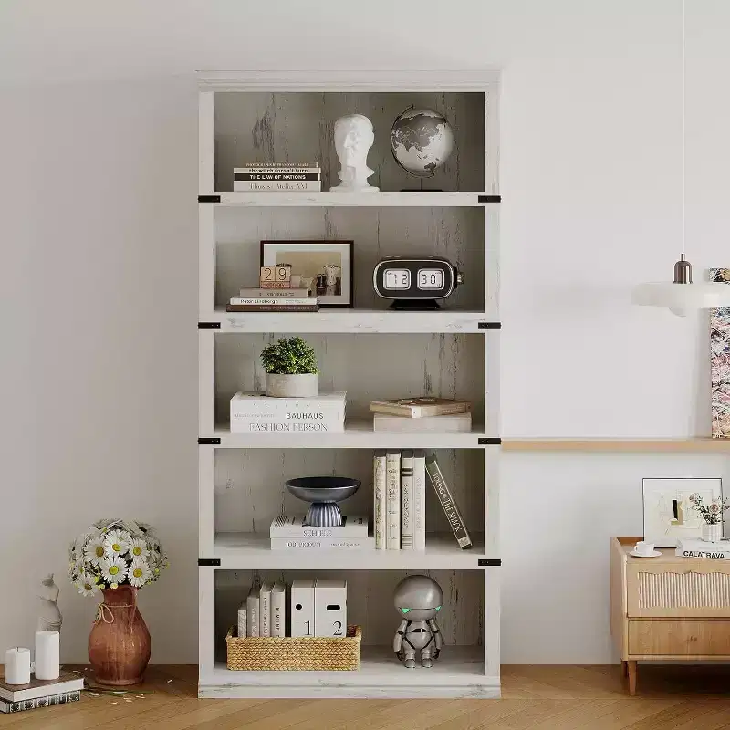 67.4 Farmhouse 5-Tier Bookshelf - Tall Wood Storage Shelf for Living Room & Home Office