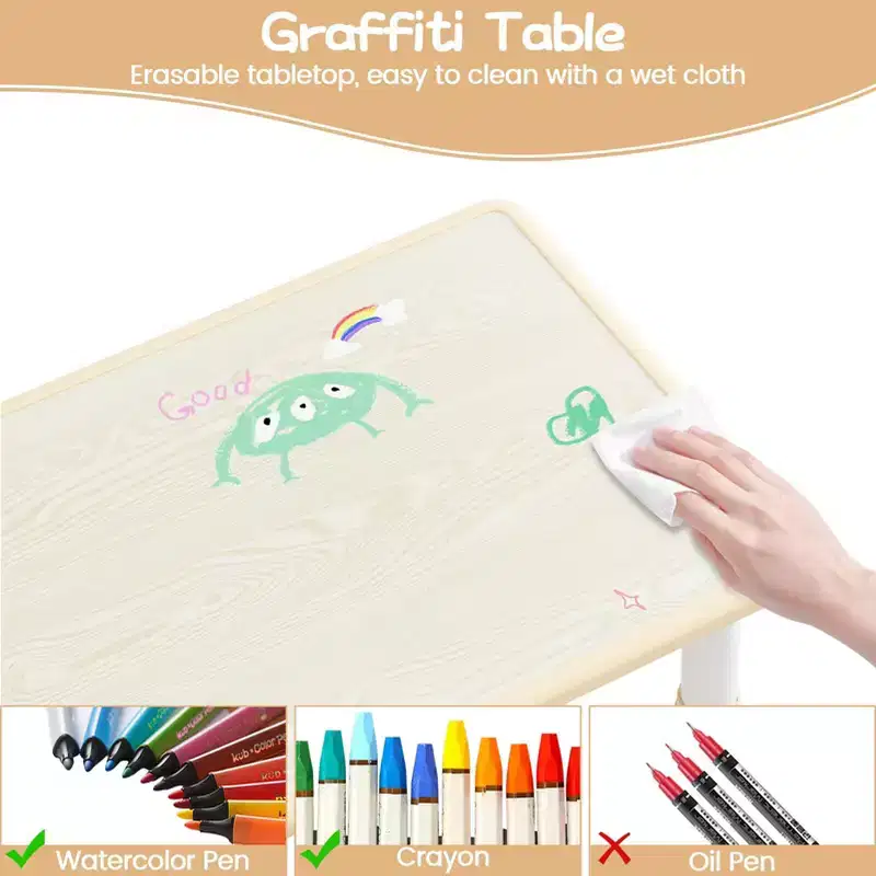 Height Adjustable Toddler Table and 2 Chairs Set with Graffiti Desktop, Kids Table and Chairs Set,Non-Slip Legs,Kids Activity Table for Home, Nursery
