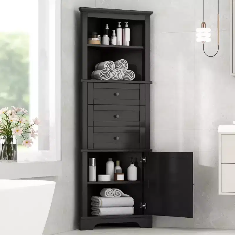 Modern Wood Triangle Bathroom Storage Cabinet with 3 Drawers and Adjustable Shelves