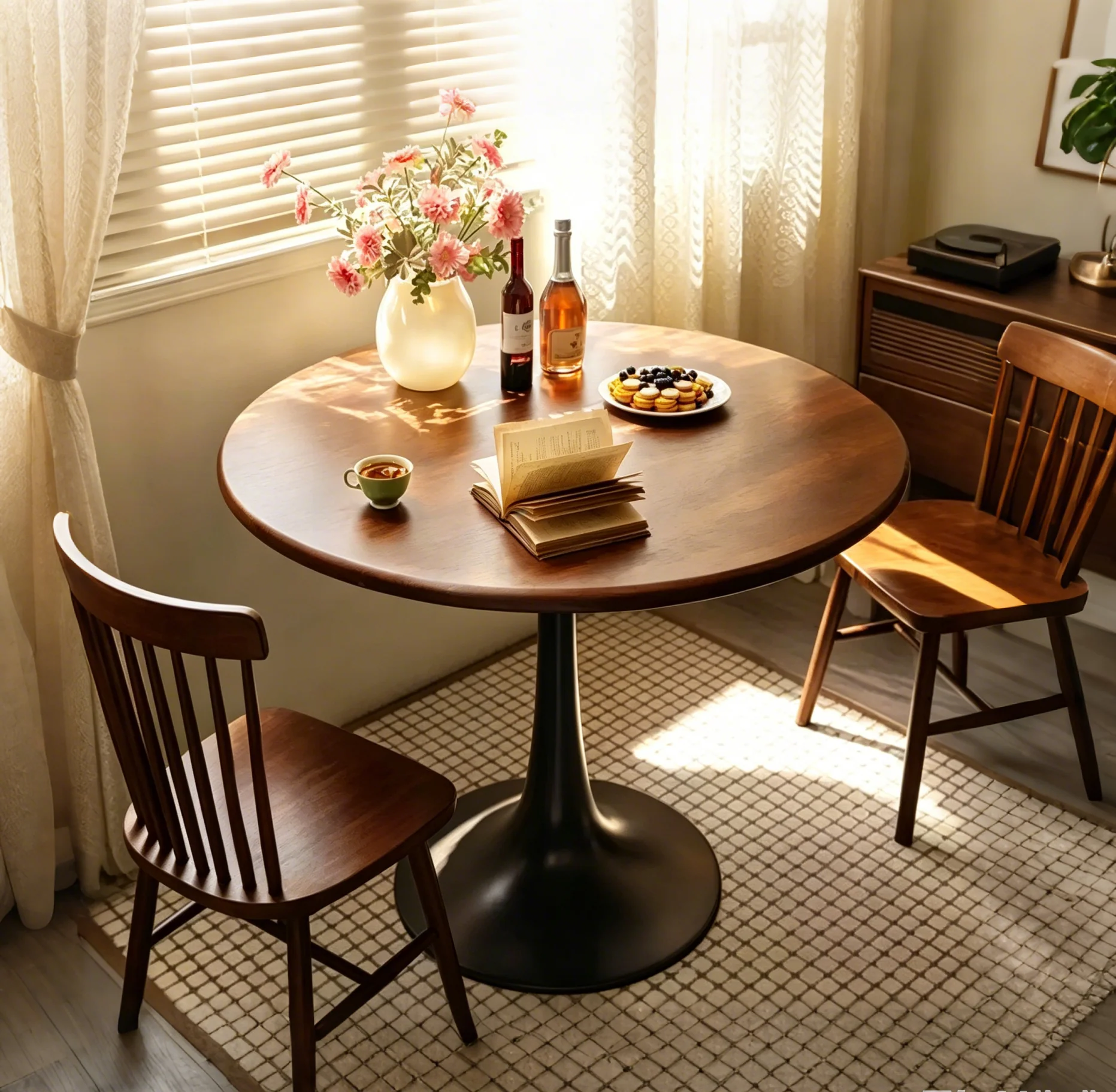 Round Dining Table with Thickened Tabletop and Steel Base, Modern Bistro Table for Kitchen, Living Room, Walnut, 23.6