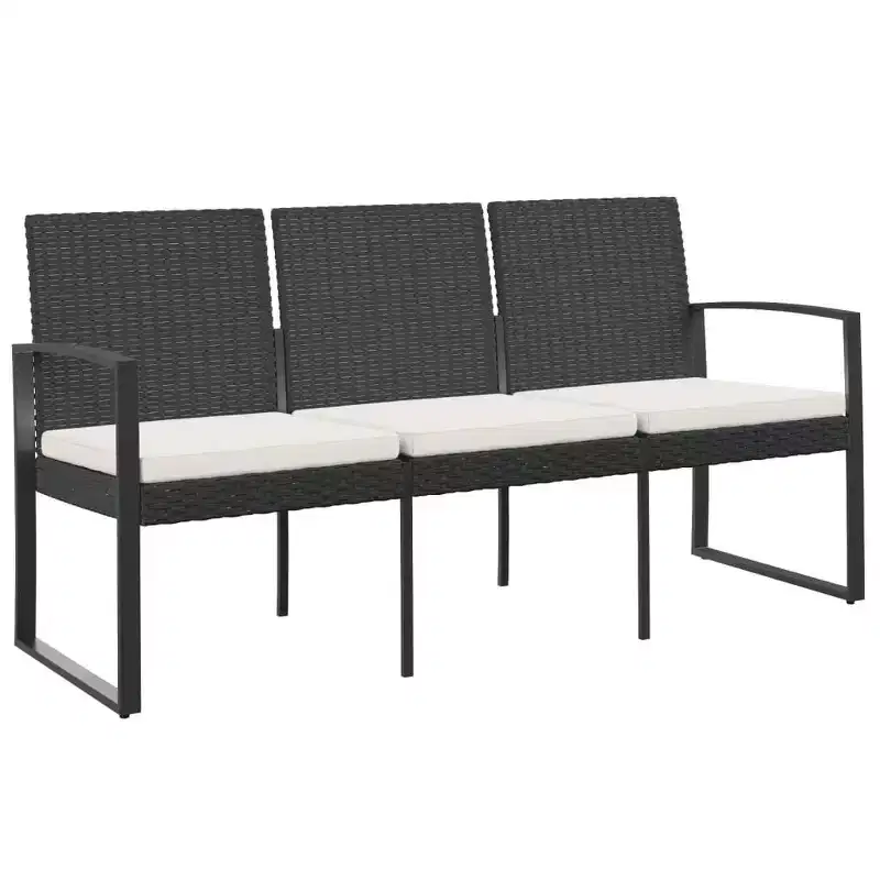 vidaXL Outdoor Bench 3-Seater Bench with Cushions for Porch Deck PP Rattan