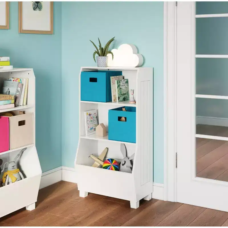 RiverRidge Kids' 23" Playroom Bookshelf with Veggie Bin Organizer and 2 Open Toy Storage Shelves White: Small Bookshelf for Kids, MDF, White