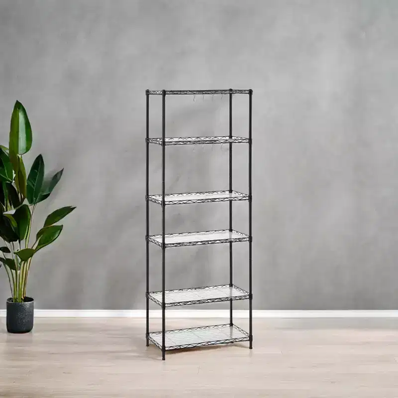LEDREM 6-Tier Wire Shelving Unit - Kitchen Metal Shelves Storage Rack with Adjustable Shelves, Shelf Liners, 8 Hooks, 11.4 x 23.2 x 63 Inches, Black