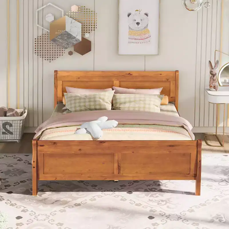 Queen Size Wood Platform Bed with Headboard, Easy Assembly, Oak