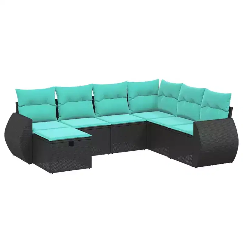 vidaXL 7 Piece Patio Sofa Set with Cushions Poly Rattan - Gray and Blue Without Table