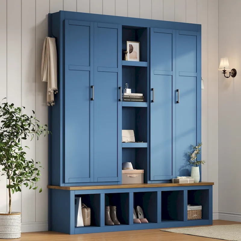 Black / White / Blue Farmhouse Hall Tree with Shoe Cabinet, Bench, Hooks and Open Shelves for 1–2 Person