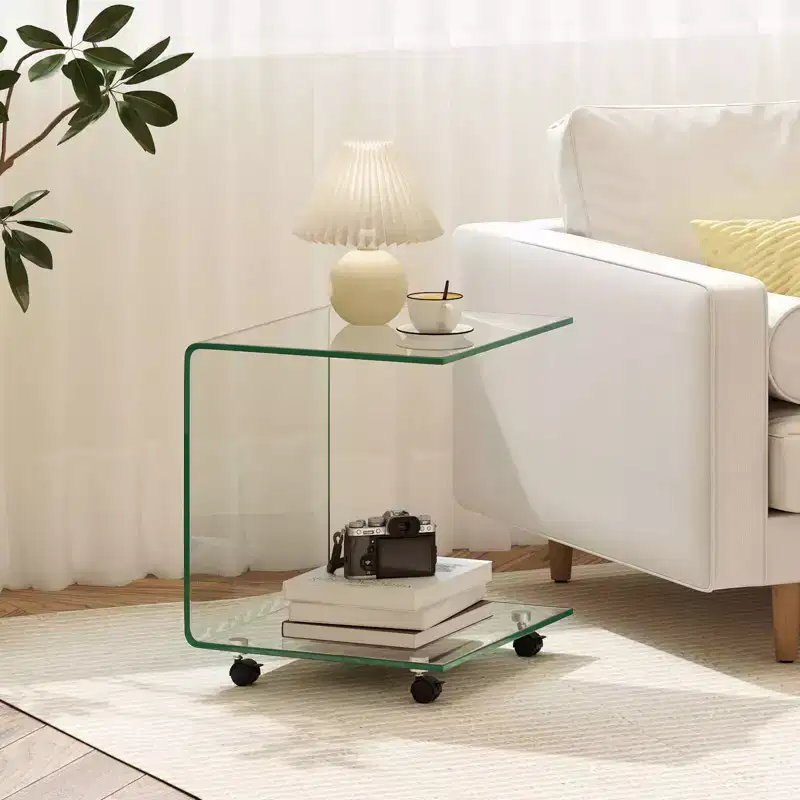 Costway 1/2 PCS C-Shaped End Table with 2-tier shelf, 4 Swivel Lockable Wheels for Living Room Transparent/White