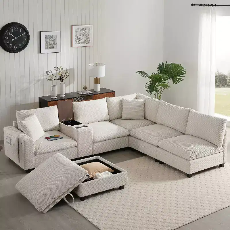 Modern Chenille 4-seat Sectional Sofa with Ottoman, L-Shaped Cloud Couch Set with Throw Pillows