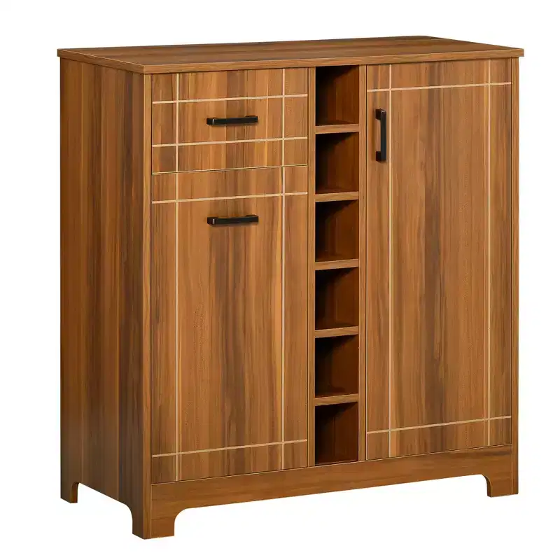 Retro Wine Cabinet for 6 Bottles, Wine Rack Sideboard Serving Bar with Glass Holders and 1 Drawer, Brown