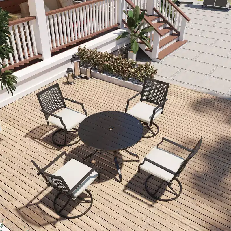Mondawe 5-Piece Outdoor Dining Set Black Round Table with Umbrella Hole Swivel Dining Chairs