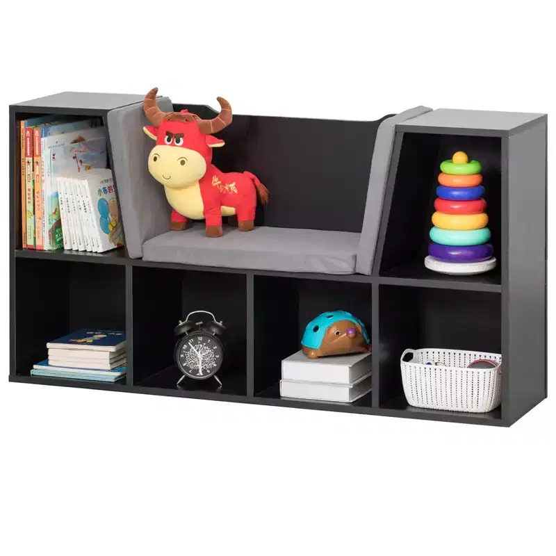 Modern Multi-Purpose Bookshelf with Storage Space and Gray Cushioned Reading Nook