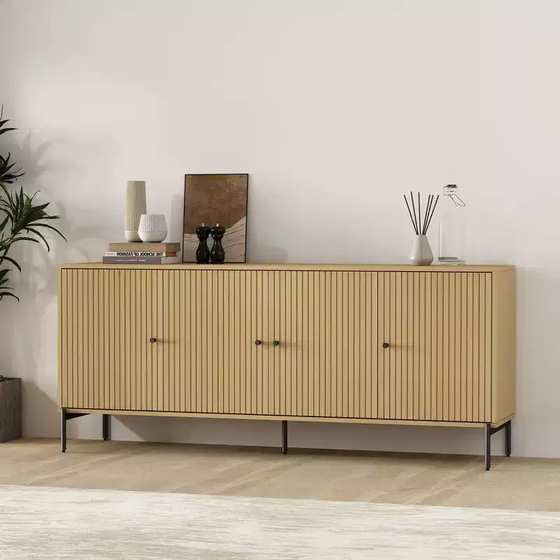 GDFStudio Ocilla 71 Modern Slatted Door Sideboard with Adjustable Shelves and Metal Legs