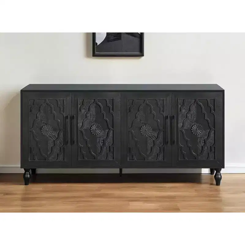 68 Black Distressed Carved Floral Sideboard with Four Doors