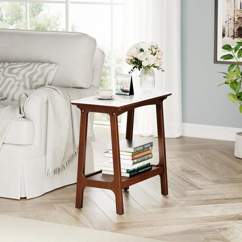 Brown Narrow Slate Side Table with Storage Shelf