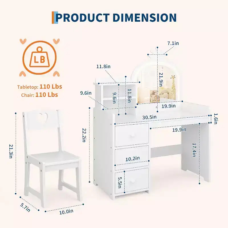 white Wooden Princess Vanity Desk with 3-Color Touch LED Mirror & Chair, Storage Drawers & Shelves for Little Girls Bedroom