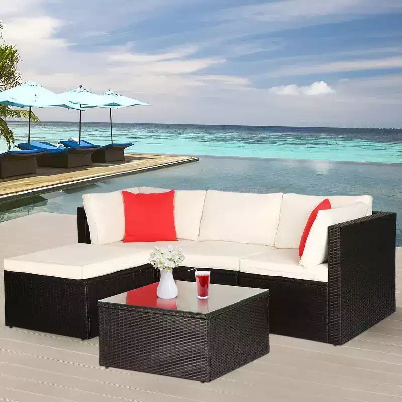 BestMassage 5 Pieces Rattan Patio Furniture Sets Patio Sectional Sofa Set Outdoor Conversation Sofa Set, Khaki
