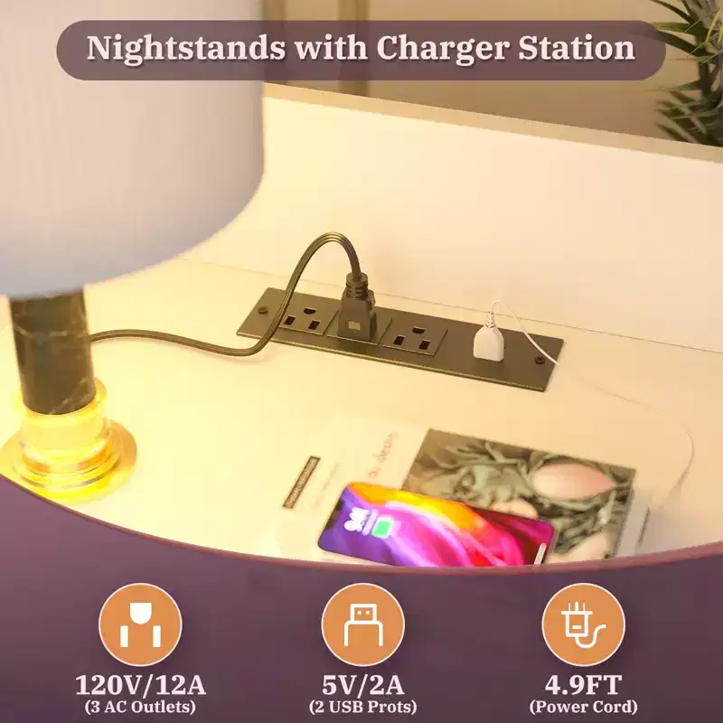 47 Adjustable Bookshelf with Hutch, Nightstand with Charging Station, LED Lights