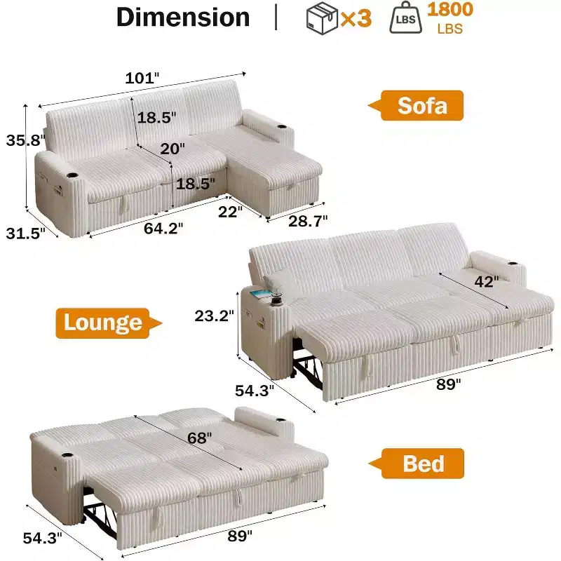 Dyonery 101 Sectional Sleeper Sofa Bed, Pull-Out Bed, Reclining Backrest, Reversible Storage Chaise, USB Ports & Cup Holders