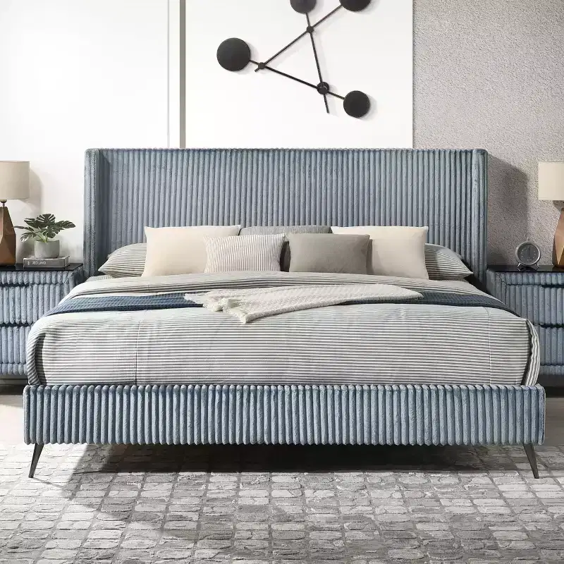Mavela Wide Wale Corduroy Upholstery Panel Bed - Blue
