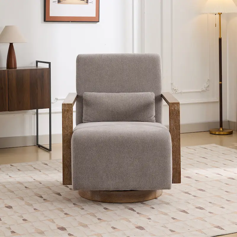 Mid-Century Boucle Upholstered Swivel Armchair With Pillow