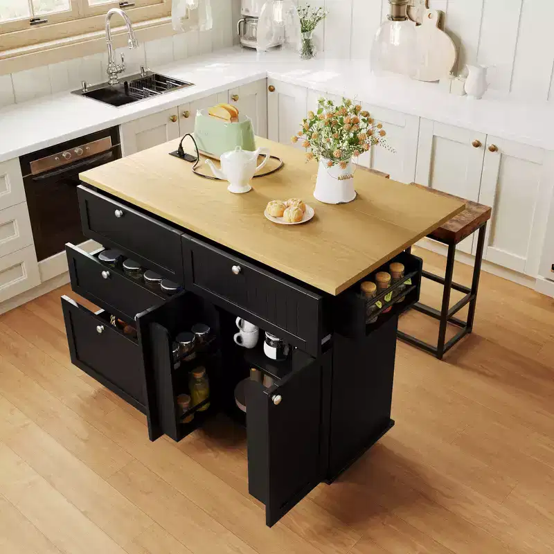 Farmhouse Kitchen Island with Drop Leaf, Drawers, Power Outlet and 2 Seats