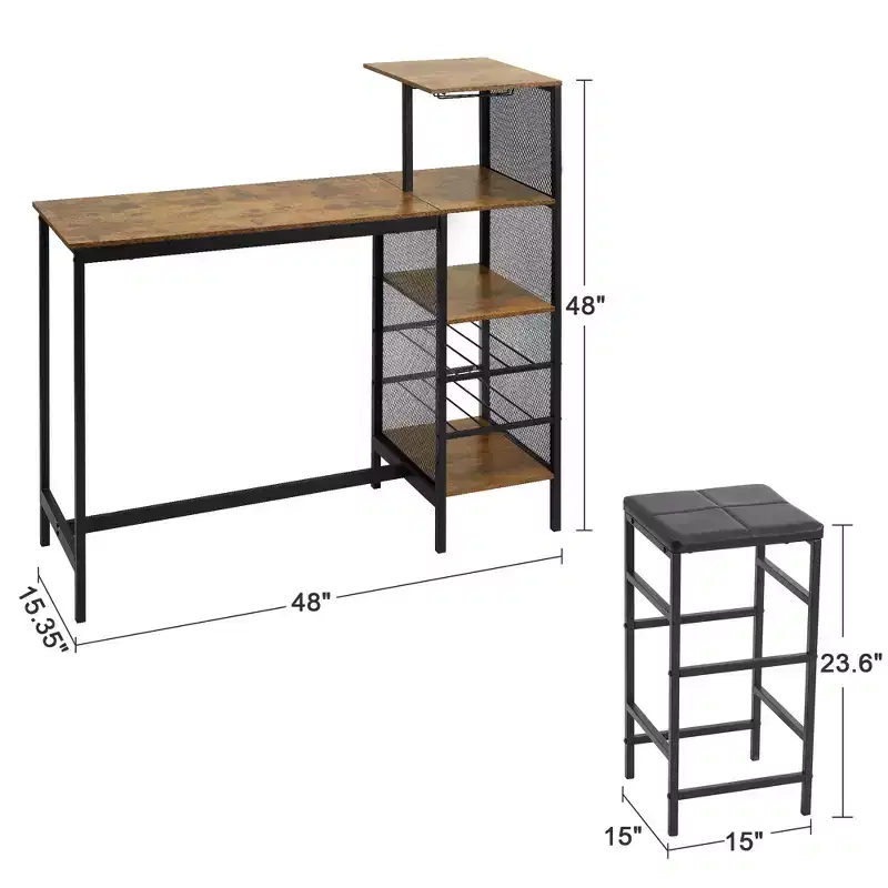 VECELO 3pcs Counter Height Dining Set Bar Table and Chairs Set for 2 with Cup Holder & Wine Rack, PU Leather Cushion Stools, Brown/Gold