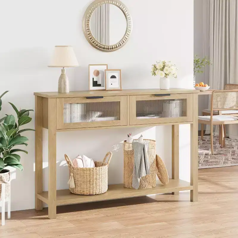 Narrow 2-Tier Console Table with 2 Glass Drawers, Modern Sofa & Entryway Table for Living Room, Hallway Natural