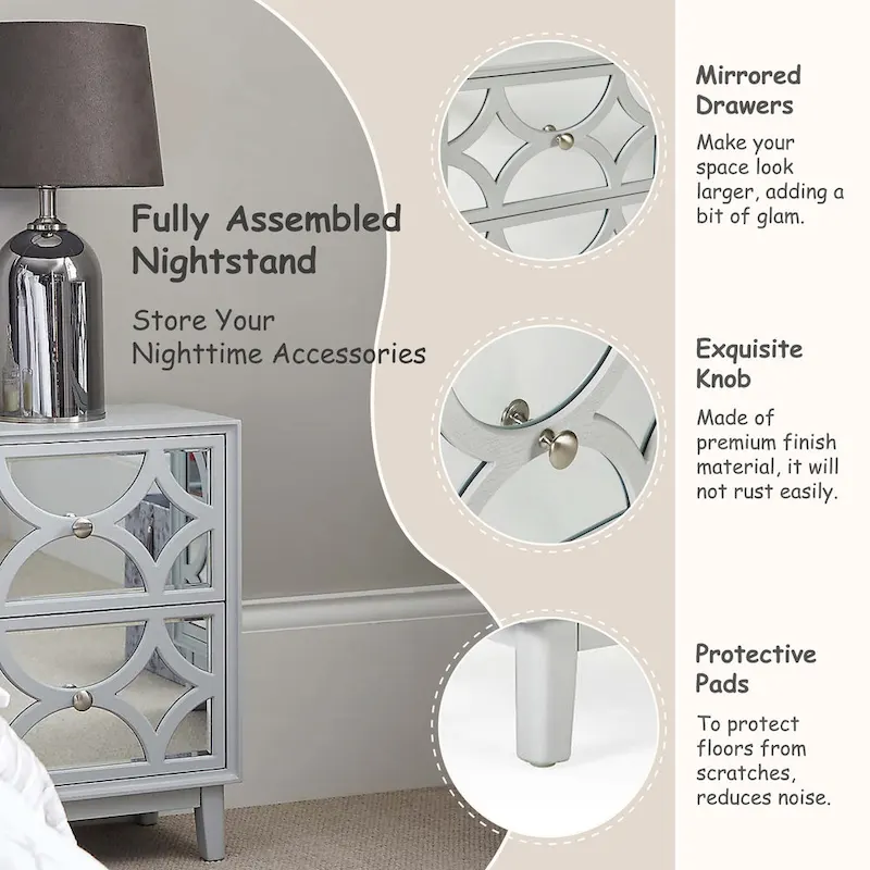 COZAYH Contemporary Mirror Front Nightstand, Modern Dresser for Bedroom, Living Room, Entryway