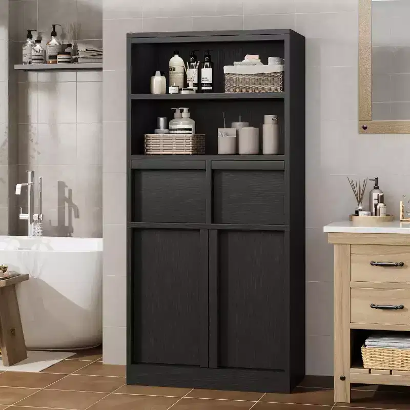 Tall Storage Cabinet with Open Shelves, Drawers and Enclosed Cabinet