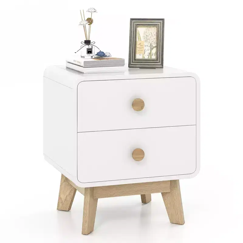 Costway 1/2 PCS Nightstand Mid Century Modern Bedside Table with 2 Drawers Solid Rubber Wood Legs White