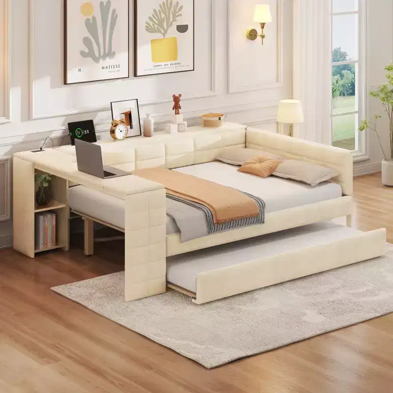 Full Size Upholstered Daybed with Trundle, Storage Shelves & Charging Station