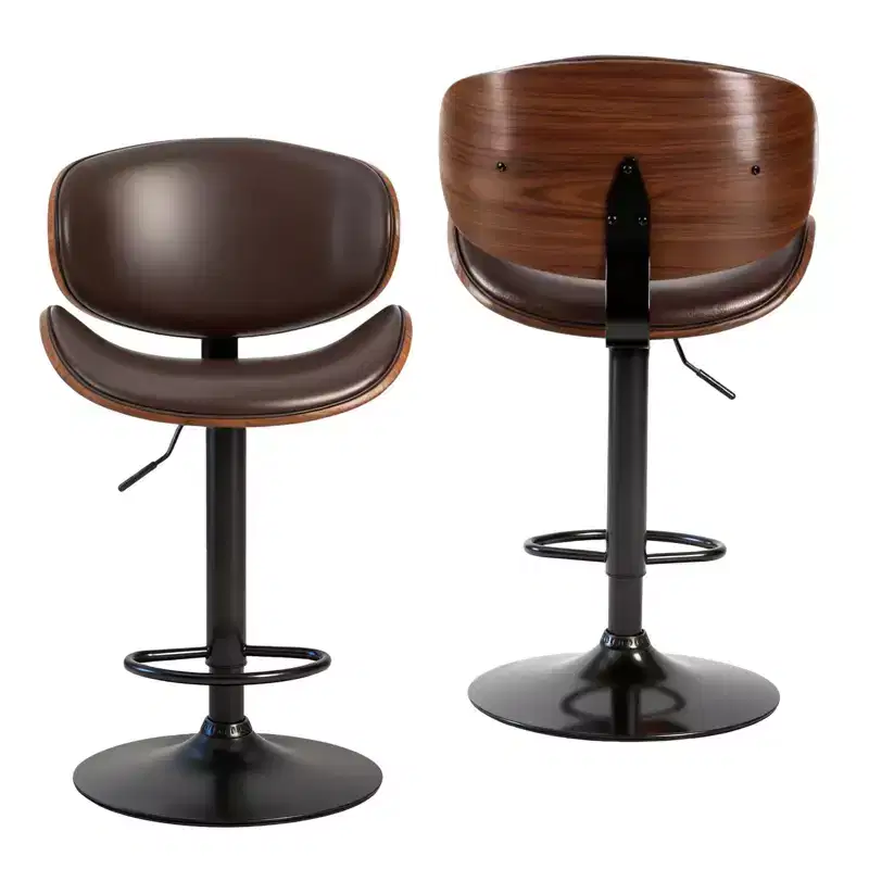 HomeRoots Set of Two Brown and Black Faux Leather Wood And Aluminum Adjustable Height Swivel Bar Chairs