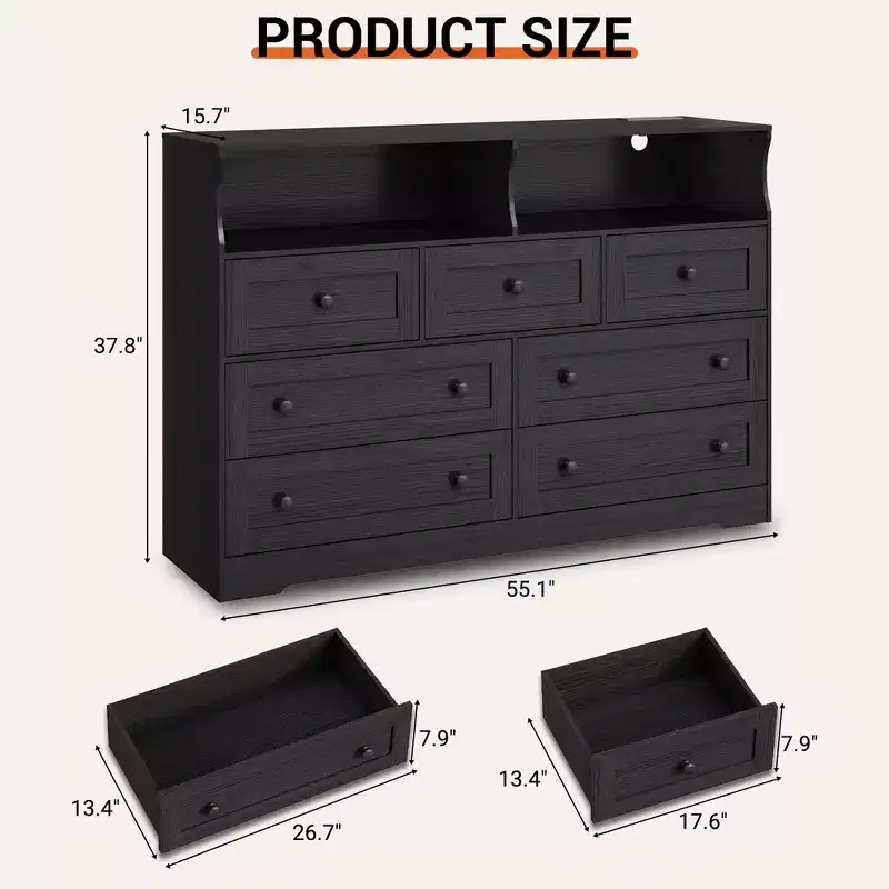 Dresser for Bedroom , 7 Drawer Wooden LED Dresser with 2 Open Storage Cubbies, Wide Chest of Drawer for Living Room, Closet, Kids Room