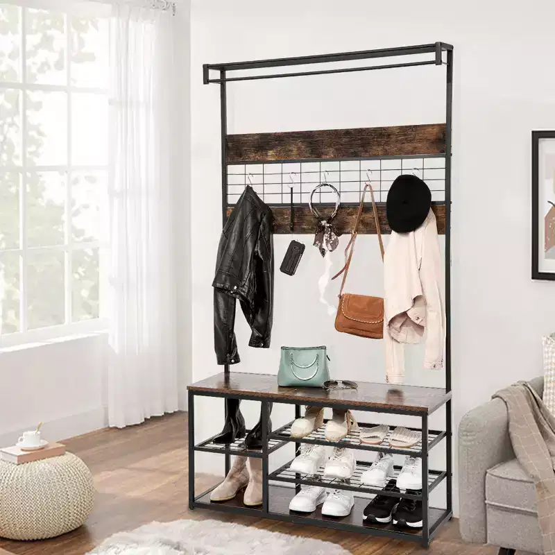 Brown Entryway Bench with Shoe Storage & Coat Rack, Sturdy Hooks & Shelves, Space-Saving Design for Hallway, Living Room, Apartment