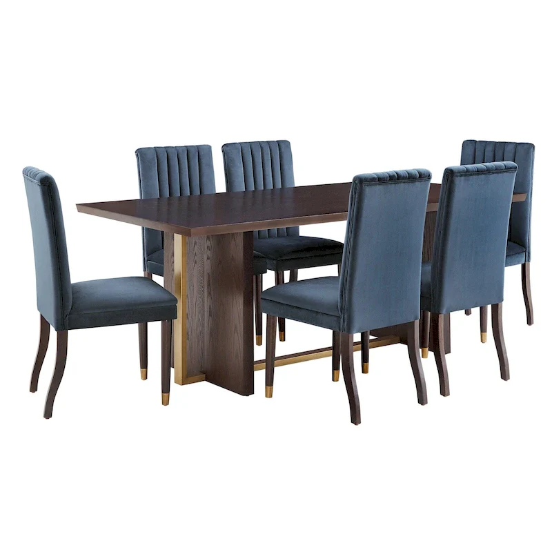 Andrea 7-Piece Dining Set – Espresso Wood Table with Velvet Chairs