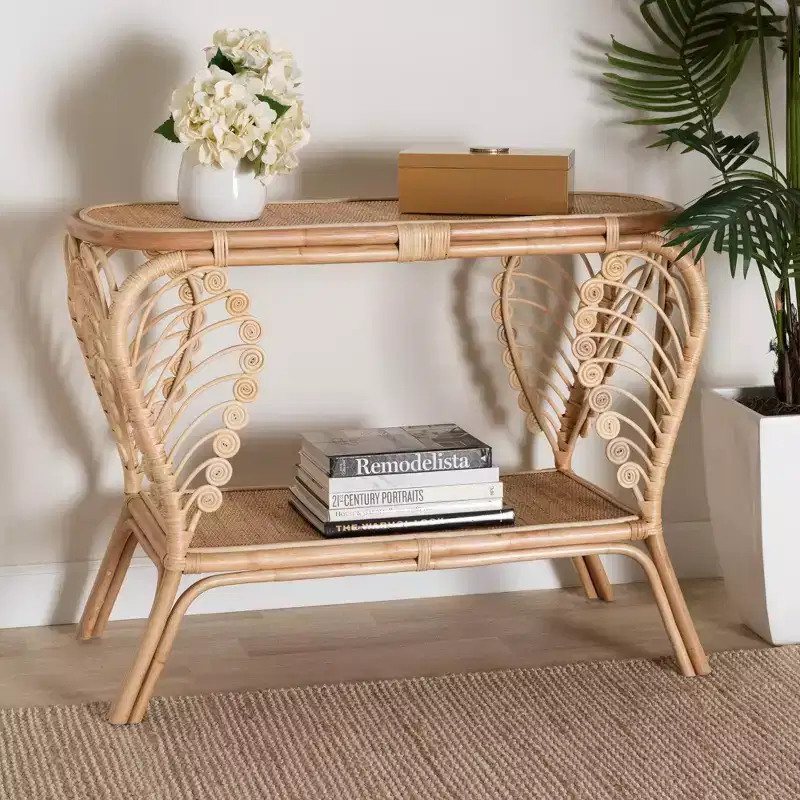 Modern Bohemian Natural Rattan 2-Tier Console Table | 39.4