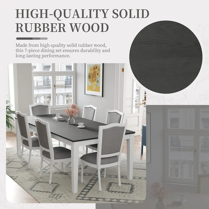 7 Pcs Dining Table Set, Solid Wood Table and Chairs Set with Extendable Dining Table, 2 Drawers and 6 Upholstered Chairs