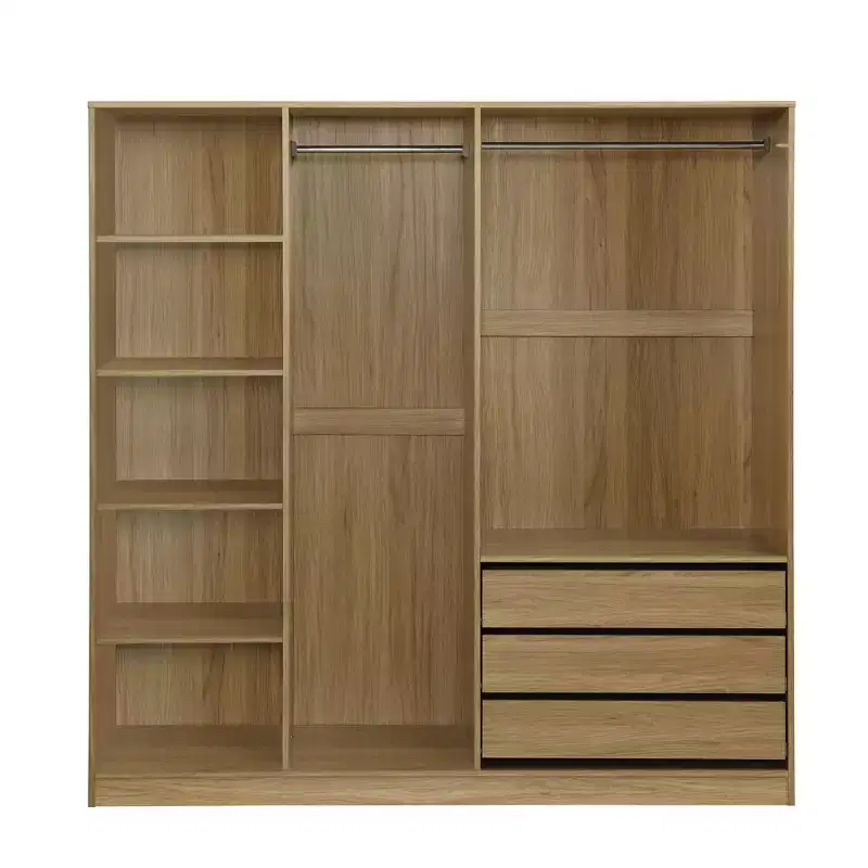 Doorless Wooden Storage Wardrobe with Shelves and 3 Drawers - Natural
