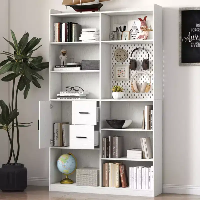 GDFStudio Taliyah Contemporary 9 Cubbies Display Bookshelf with Door, Pegboard and 2 Drawers