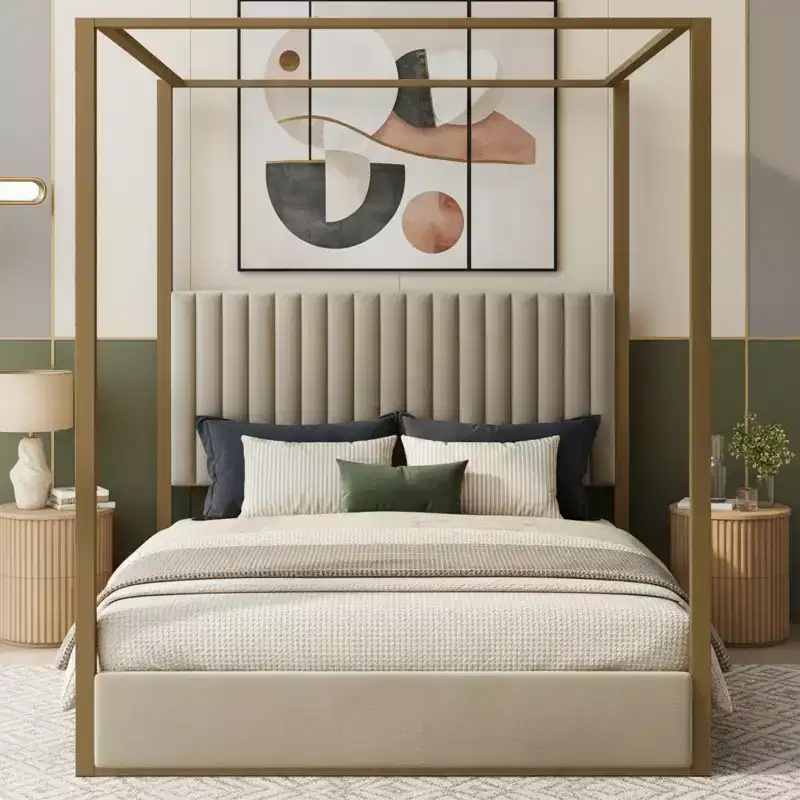 Polibi Velvet Canopy Platform Bed with Channel Headboard & Metal Frame