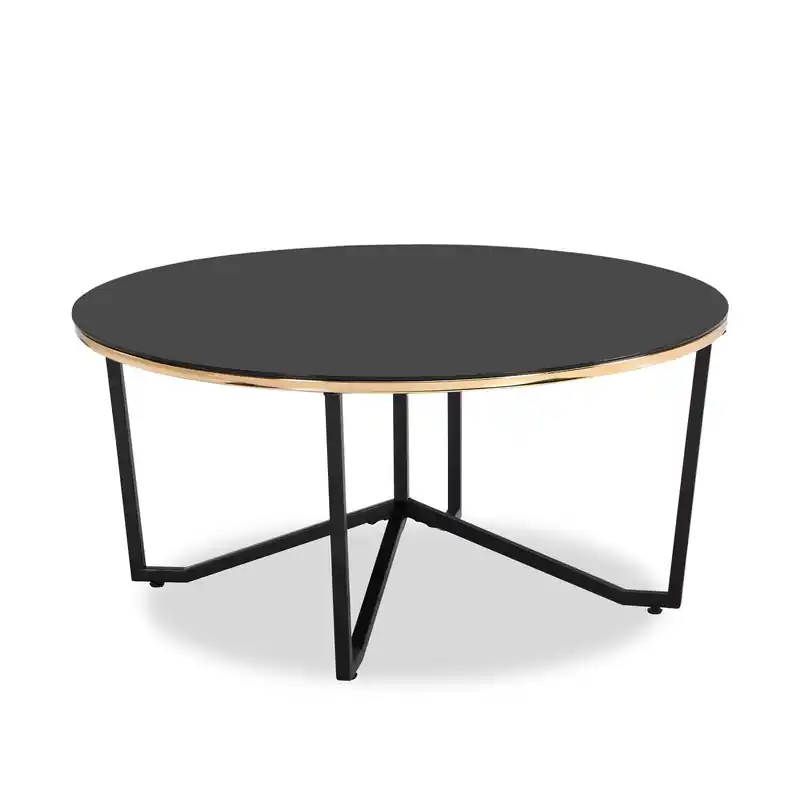 36 Modern Round Glass Top Coffee Table - Black and Gold with Metal Legs