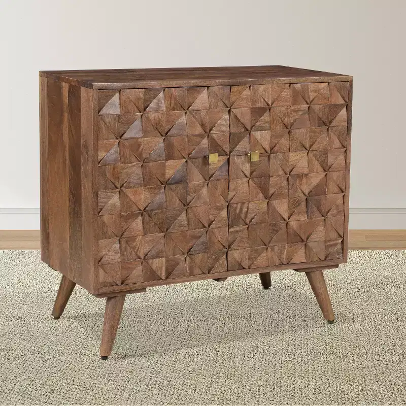 Accent Cabinet Walnut - Mid-Century, Gold Hardware, Hand-Carved, Fixed Shelf