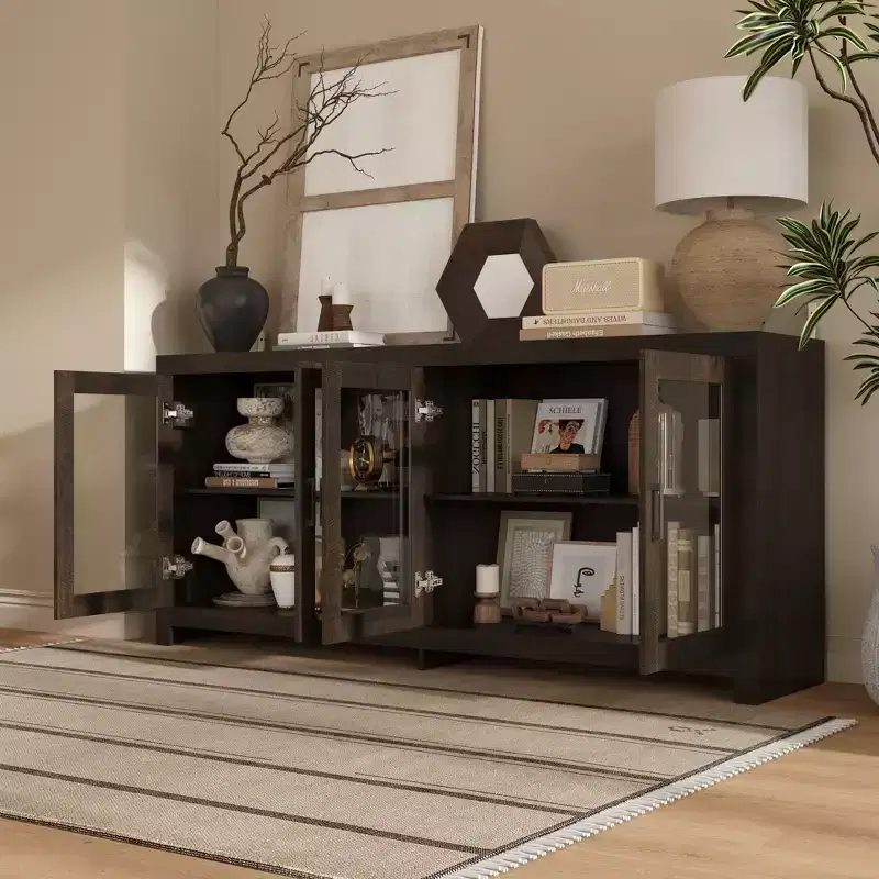 Deep Brown Accent Storage Cabinet with Glass Doors & Wood Grain Finish