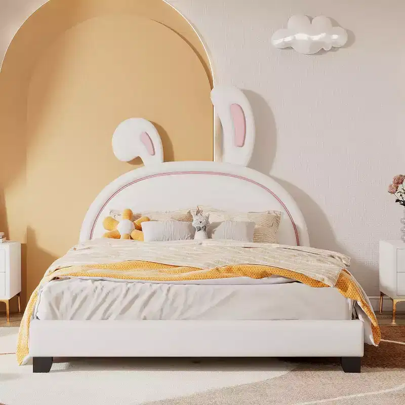 Full Size Bed Frame, Bed Frame with Rabbit Ornament for Kids, Upholstered Leather Platform Bed with Ears Headboard, Easy Assembly, White