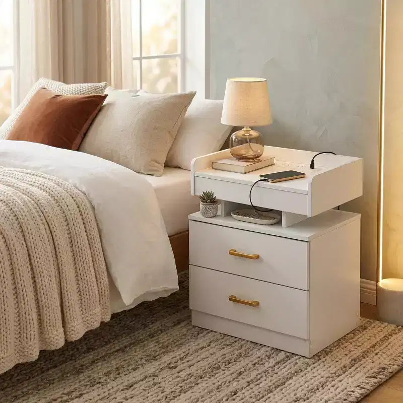 FurnitureR Nightstand with LED Lights & USB Charging, Floating Design Bedside Table with 2 Drawers, Modern End Table for Bedroom Living Room Office