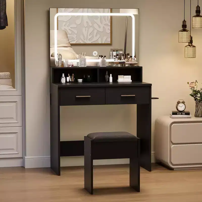 Modern Vanity Set with 3-Color Adjustable LED Mirror, Makeup Desk with Power Outlet and 2 Drawers, Dressing Table and Stool Set for Bedroom