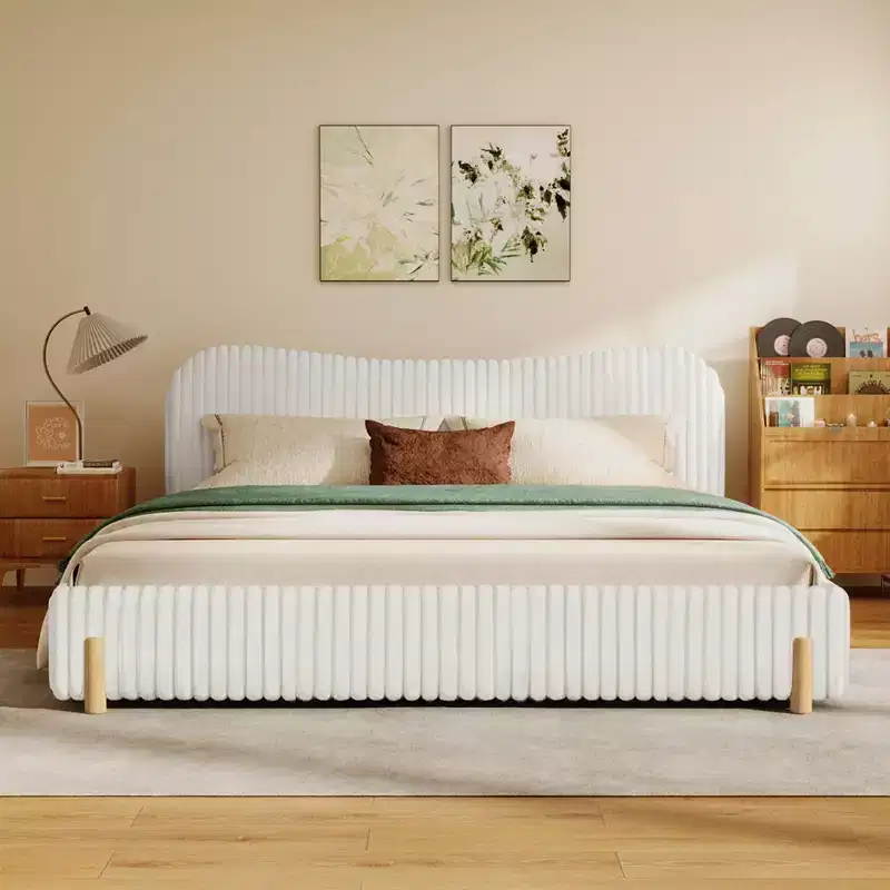 Christopher Knight Home Merrill Boucle Upholstered Platform Bed with Wavy Headboard and Vertical Stitching, White