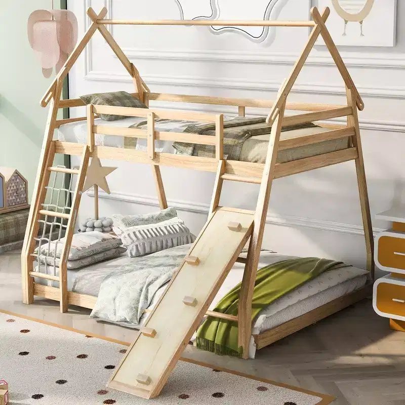 Whisen Twin over Queen Bunk Bed with Safe Guardrails & Playful Climbing Ramp