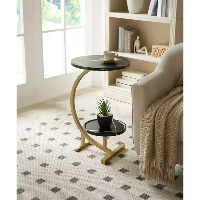 Modern Oval Side Table, Dual Shelf Faux Marble Accent Table, Small End Table for Living Room or Bedroom